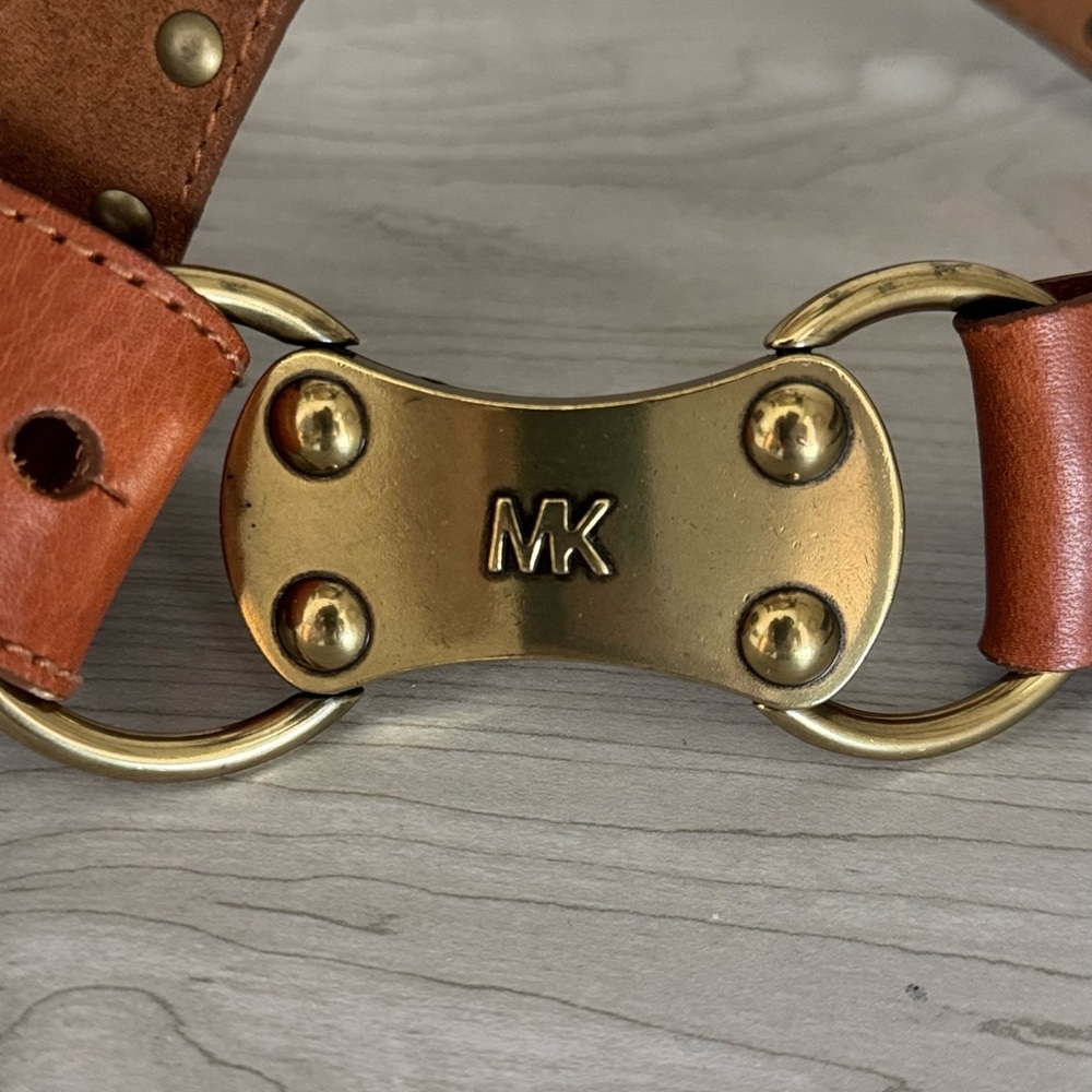 Michael Kors Chunky Tan Leather & Suede Belt with Gold Hardware M/L - Picture 4 of 7